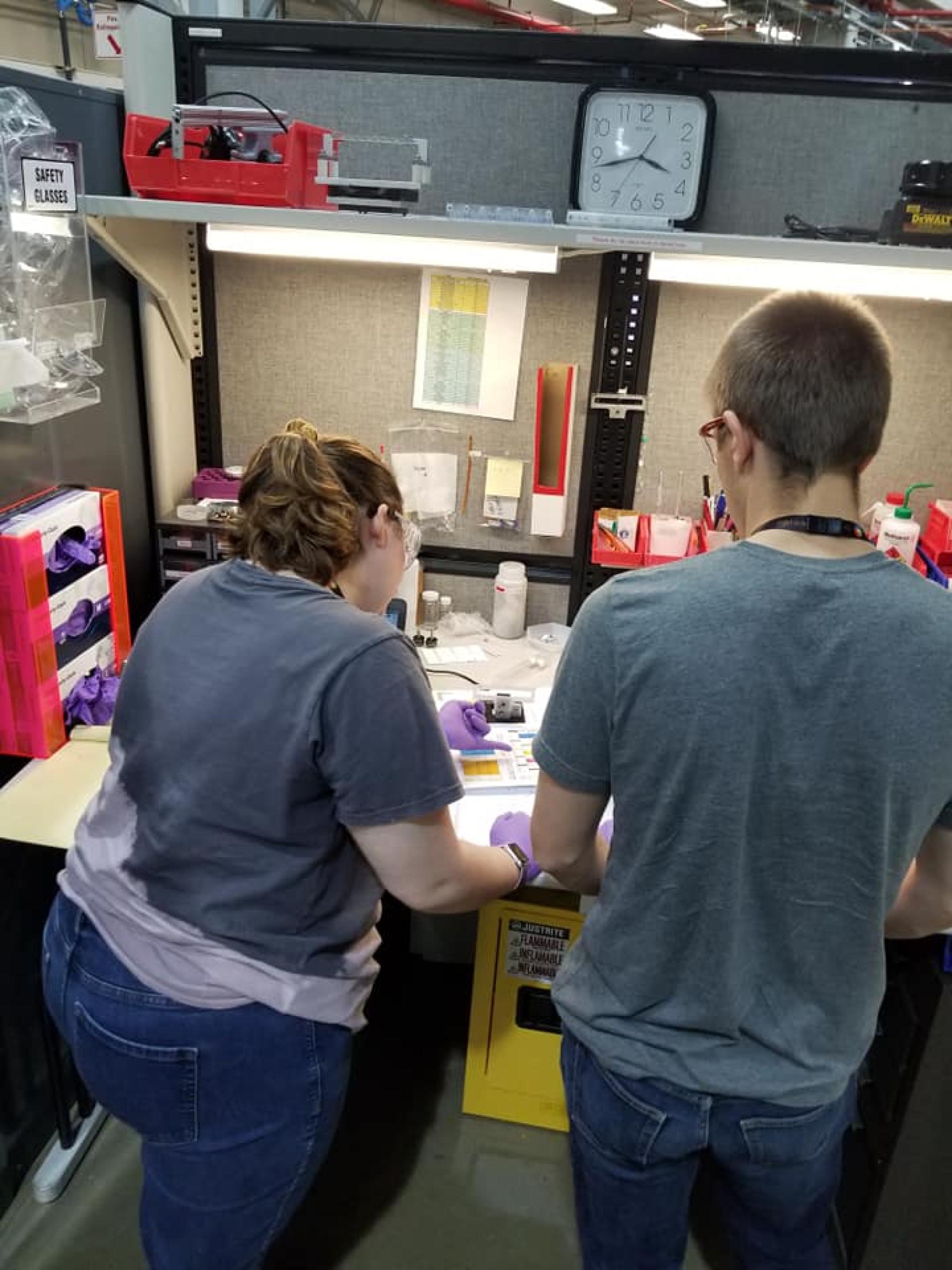 Lauren Formanski and Samuel Lee organize ionic liquid samples. 