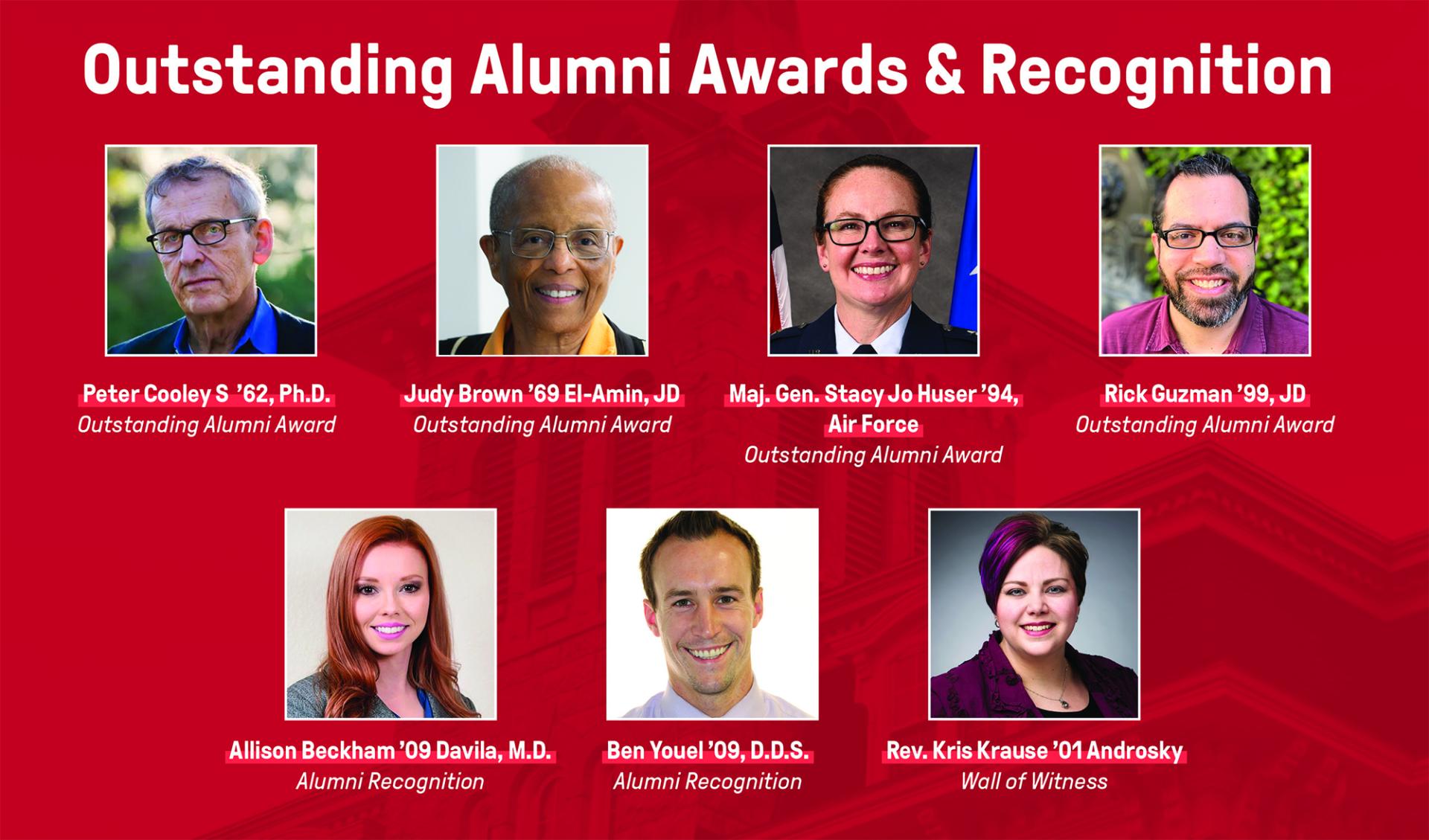 Pictures of the faces of the seven outstanding alumni award recipients from 2024.