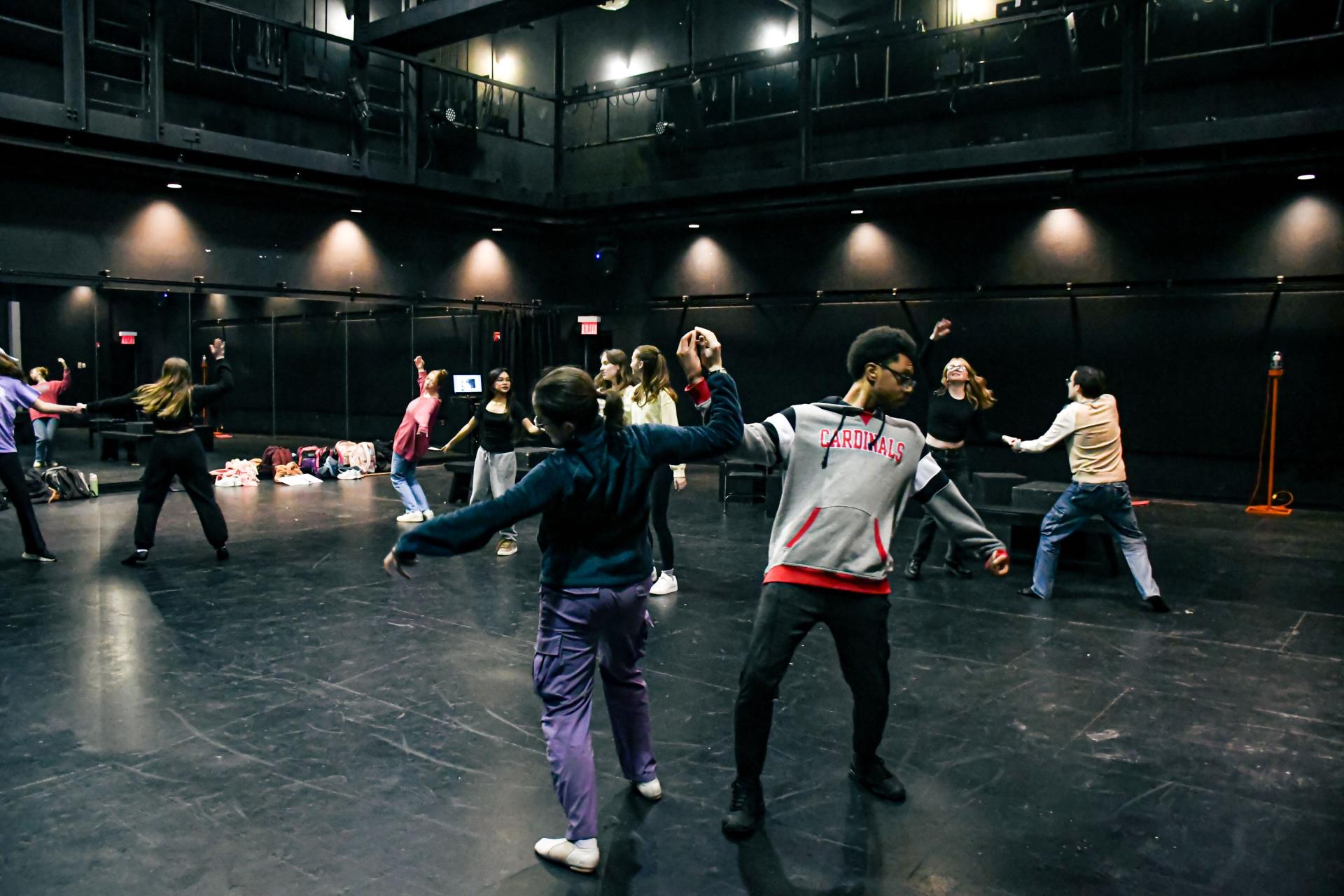 group of students rehearsing theatre production
