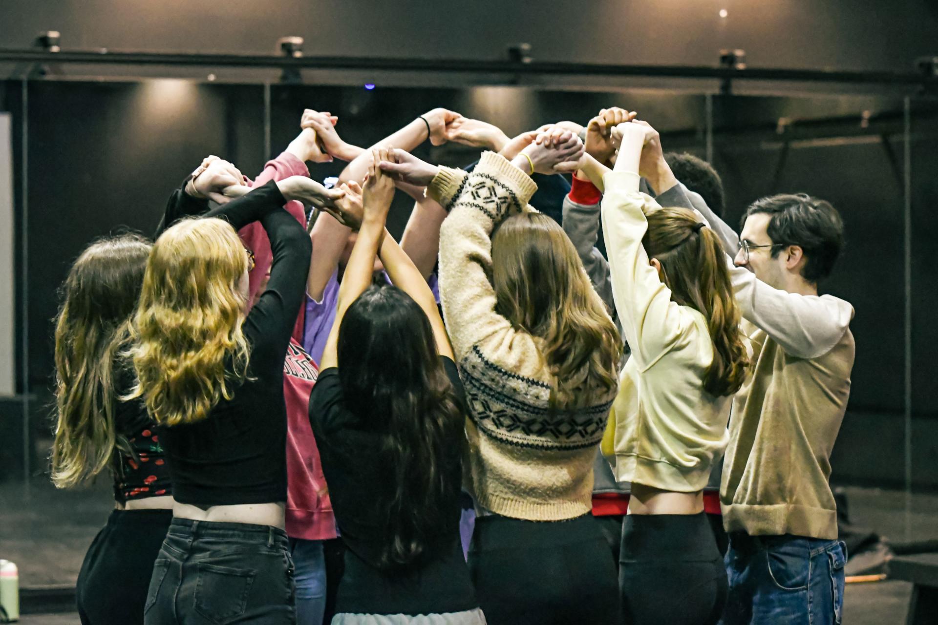 group of students rehearsing theatre production