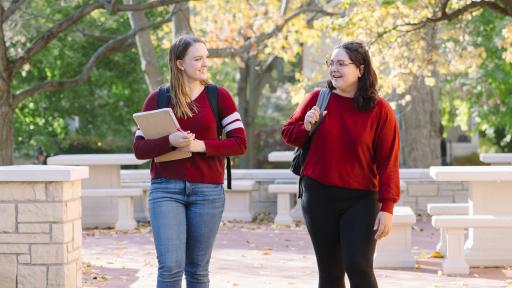 two students walking and talking on campus